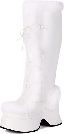 Generic Womens Lace Up Warm Winter Long Boots PU Leather Knee High Boots Wedge High Heel Platform Boot,White,3.5 UK