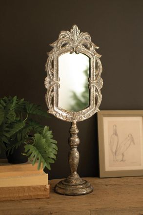 Kalalou Ornate Rustic Metal Tabletop Mirror with Pedestal Base