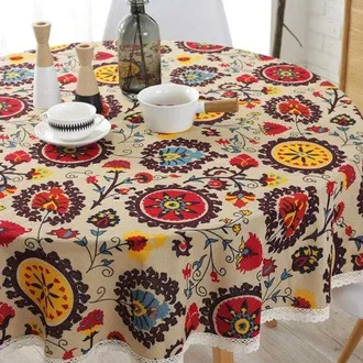OEM Tovaglia Rotonda In Lino, Decorazione Per La Tavola, Cotone E Lino Antipiega, 120 Cm, Fantasia Floreale Boho