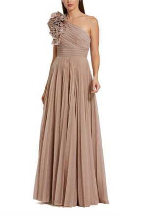 Mac Duggal Womens Pleated Metallic One Shoulder Gown With Ruffle in Champagne at Nordstrom, Size 14