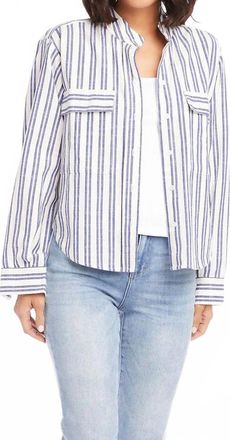 Karen Kane Sevil Stripe Shirt Jacket In White With Denim Blue Stripes