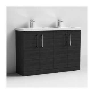 Nuie Nuie Arno Floor Standing 4-Door Vanity Unit with Double Polymarble Basin 1200mm Wide - Black Woodgrain