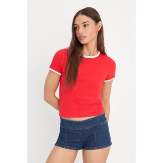 Good American Womens Super Stretch Baby Ringer T-Shirt | Flaming Hot, Size Medium | Good American by Khlo&Egrave; Kardashian