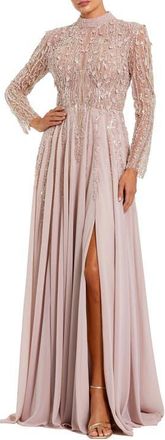 Mac Duggal Long Sleeve High Neck Embellished Satin Gown in Dusty Rose at Nordstrom, Size 12