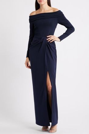 Lauren Ralph Lauren Off the Shoulder Long Sleeve Rib & Crepe Gown in Lighthouse Navy at Nordstrom, Size 14
