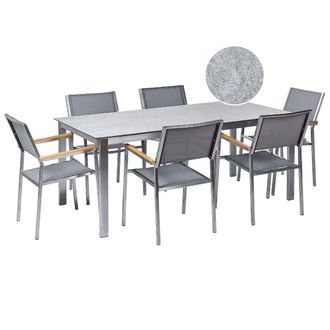 Beliani Conjunto De Jard&iacute;n Moderno 6 Plazas De Acero Inoxidable Mesa Comedor Tablero De Vidrio Sillas De Textileno Gris Cosoleto/grosseto