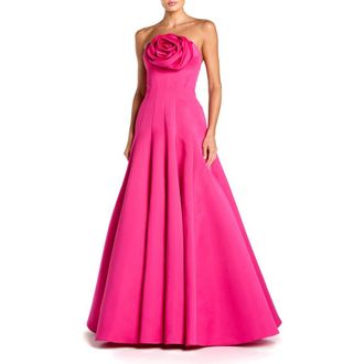 Mac Duggal Satin Strapless Ballgown With 3D Flower Detail in Fuchsia at Nordstrom, Size 10