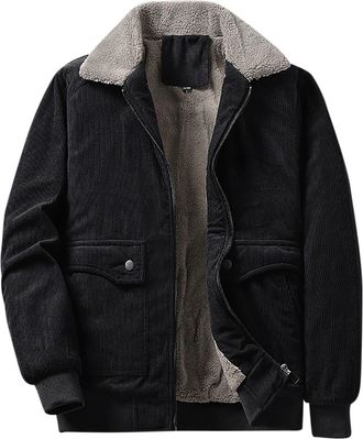 Generic Winter Jackets for Men Fleece Lined Lumberjack Jacket Mens Thick Padded Corduroy Jacket Plain Fluffy Warm Coat Lapel Collar Trucker Jacket Windbreaker