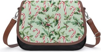 Generic Candy Cane Christmas Pattern Crossbody Bag Womens Handbag PU Message Bags Shoulder Purse with Adjustable Strap