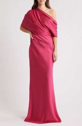 Amsale Slouch One-Shoulder Hammered Satin Gown in Magenta at Nordstrom, Size 16