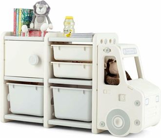 Costway Costway - Estantería de Juguetes para Niños, Organizador de Juguetes Infantil en Forma de Camión con 2 Contenedores de Plástico, 2 Cajones, Armario