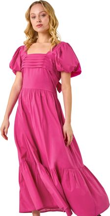 DUSK Womens Cotton Pleated Puff Midi Dress - Pink - Size 10 UK