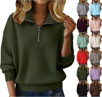 Generic Cosy Jumpers Women Cashmere Jumpers Ladies 1/4 Zip Casual Elegant Polo Sweaters Mockneck Winter Sports Comfy Tunic Tees Trendy Warm Lightweight Plus S