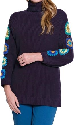 Multiples Mock Neck Crochet Sleeve Sweater In Midnight