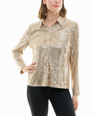 Nicole Miller Nora Sequin Button Front Shirt In Champagne