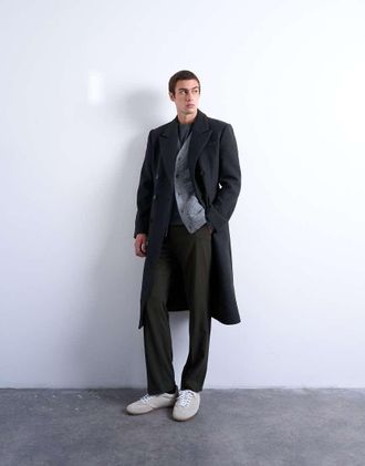 Topman Cappotto doppiopetto in misto lana antracite con vita evidenziata-Grigio