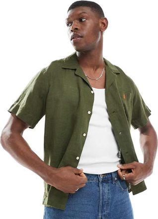 Polo Ralph Lauren Icon - Camicia oversize classica a maniche corte verde oliva in lino con rever e logo