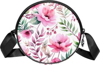 Generic Circle Crossbody Bag for Women, Floral Leaves Small Sling Bag Daypack with Zipper Adjustable Shoulder Straps Casual Ladies Girls Round Purse