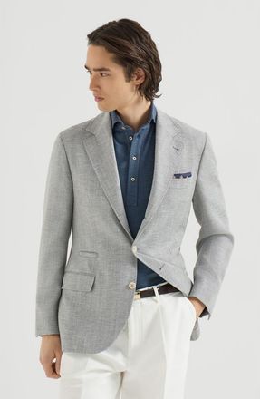 Brunello Cucinelli Wool, alpaca and silk chevron deconstructed blazer in Cerulean at Nordstrom, Size 46