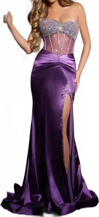 Jovani Glamorous Satin Gown With Embellished Bodice In Purple