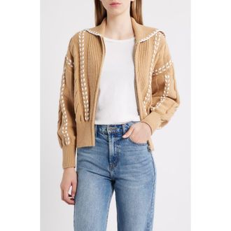 Rails Lune Whipstitch Detail Cotton Blend Bomber Sweater in Camel Ivory Blanket at Nordstrom, Size Xx-Small