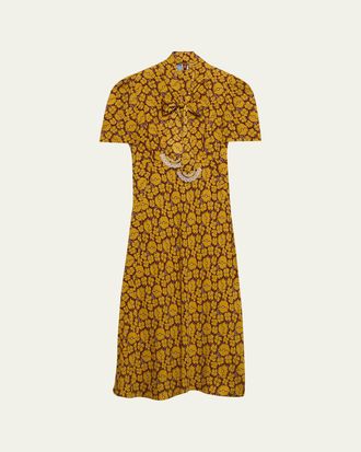 Prada Sable Floral Long Dress with Scarf Tie