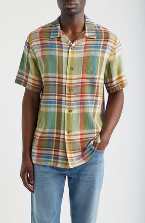 Pendleton Plaid Linen Blend Camp Shirt in Green Multi Plaid at Nordstrom, Size Xx-Large