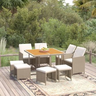 vidaXL Set Comedor De Jard&iacute;n 9 Pzas Con Cojines Rat&aacute;n Sint&eacute;tico Beige Vidaxl
