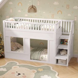 Merax White Loft Bed with Storage Stairs, 3ft Single Childrens House Bed
