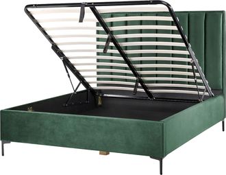 Beliani Cama Con Almacenaje Cabecero Acolchado Patas Negras Metal Terciopelo Verde Oscuro 160 X 200 Cm Sezanne