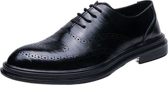 Generic Formal Dress Shoes for Men Lace Up Brogue Embossed Breathable Shoes Vegan Leather Block Heel Rubber Sole Anti-Slip Low Top Classic(Black,7.5 UK)