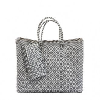 Lola's Bag Womens Travel Handmade Tote Bag With Clutch In Silver/white