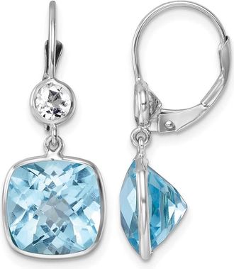 Diamond2Deal 14K White Gold Polished Blue and White Topaz Leverback Dangle Earrings