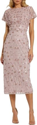 Mac Duggal Petite Cap Sleeve Sheath Midi Dress With Floral Beading in Vintage Lilac at Nordstrom, Size 10