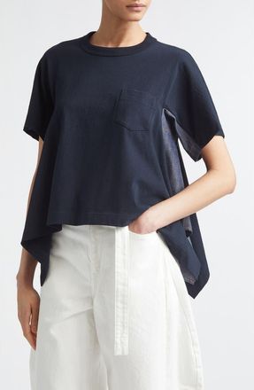 sacai Lightweight Cotton Jersey & Denim T-Shirt in Navy/Blue at Nordstrom, Size 4