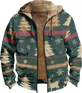 Generic Mens Fleece Jackets Full Zip - Men Christmas Coats Printed Funny Xmas Hoodie With Hood Sherpa Fleece Jackets Long Sleeve Autumn Winter Thick Coats Wit
