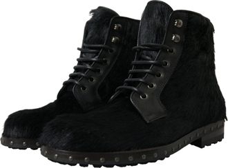 Dolce & Gabbana Mens Black Pony Style Leather Mid Calf Boots Shoes