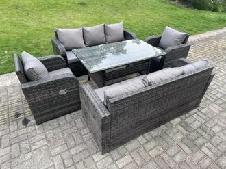 Fimous 8 Seater Rattan Garden Furniture Set Reclining Chair Lounge 3 Seater Sofa Set Rectangular Dining Table in Dark Grey