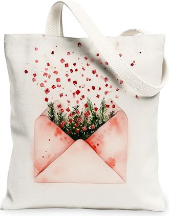 Generic Floral Envelope Canvas Tote Bags, Botanical Pattern Reusable Grocery Bags, Winter Vintage Lightweight Washable Canvas for Travel Beach Picnic 13x15 In