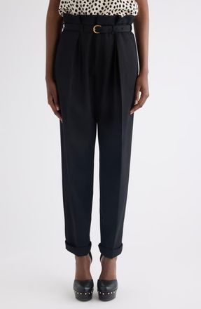 Chlo&eacute; Belted Paperbag Waist Grain de Poudre Wool Pants in Black at Nordstrom, Size 10 Us