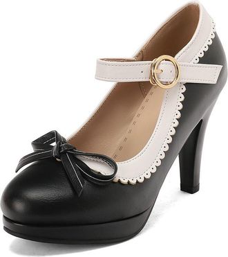 Generic Womens Colorblock Cute Bow Round Toe Mary Jane Court Shoes Ankle Starp Buckle Chunky Heel Pumps for Party (Black,7.5)