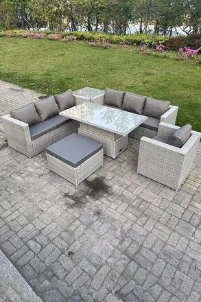 Fimous Rattan Garden Funiture Set Adjustable Rising Lifting Table Sofa Dining Set Side Coffee Tea Table in Light Grey