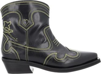 Ganni Western Enkellaarsjes met Lage Schacht - Dames - Cowboylaarzen - Zwart - 38 EU - Leer - Schoenen