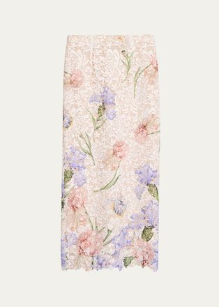 Oscar De La Renta Iris Degrade Print Guipure Lace Midi Skirt