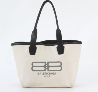 Balenciaga Black Ivory Leather Canvas Handbag Shoulder Bag Tote Bag (Pre-Owned)