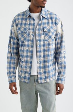 Criminal Damage Bleached Plaid Snap-Up Shirt in Blue at Nordstrom, Size Xx-Large