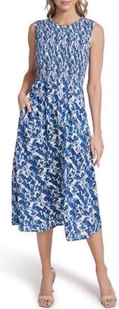 Calvin Klein Floral Sleeveless Smocked Midi Dress in White/blue at Nordstrom Rack, Size 10