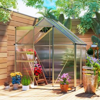 OUTSUNNY Polycarbonate Walk-in Garden Greenhouse w/ Sliding Door Silver Tone