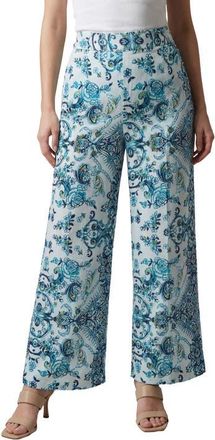 Roaman's Plus Size Printed Wide Leg Pant in White Turquoise Stencil Floral at Nordstrom, Size 12