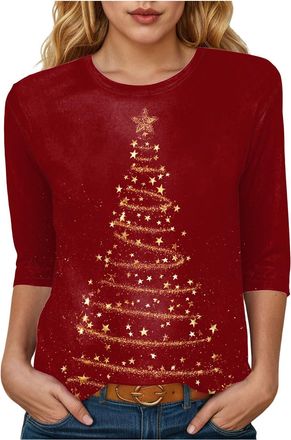 Generic Womens Christmas Jumper Xmas Tree 3D Printed T Shirt Ladies 3/4 Sleeve Sweatshirt Santa Claus Novelty Pullover Crew Neck Ladies Xmas Sweatshirts Chris